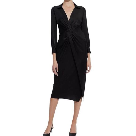 Theory Womens Black Satin Sheath Dress Size 8 Twist-Front Long-Sleeve V Neck - Picture 1 of 16